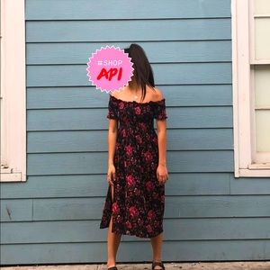 UO Kimchi Blue Midnight Floral Off the Shoulder Slit Midi Dress